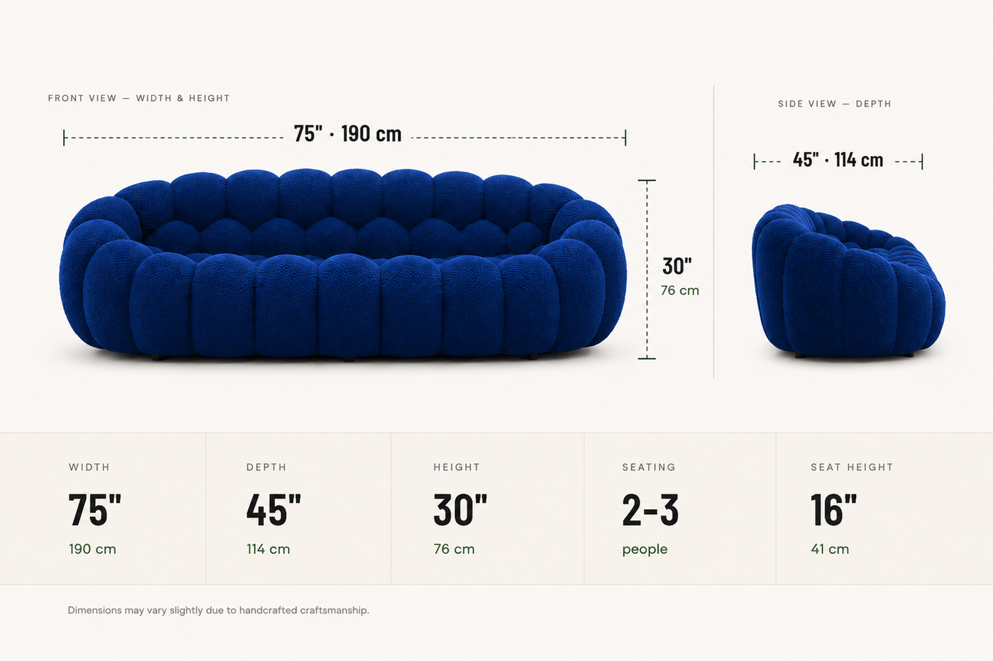 Cloud Couch™ Bubble Sofa - 2 Seater - Blue — dimensions