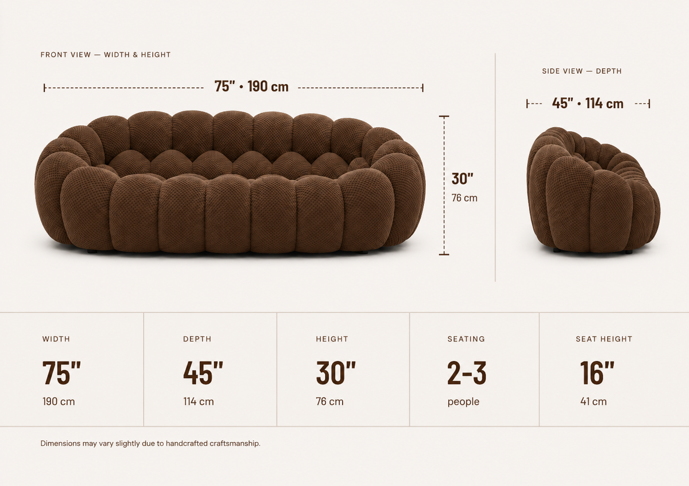 Cloud Couch™ Bubble Sofa - 2 Seater - Brown — dimensions