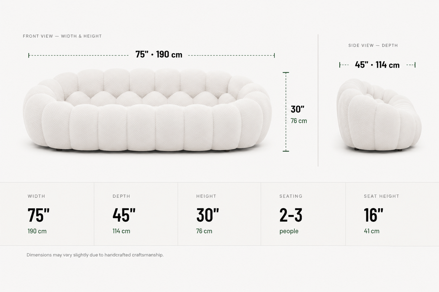 Cloud Couch™ Bubble Sofa - 2 Seater - White — dimensions