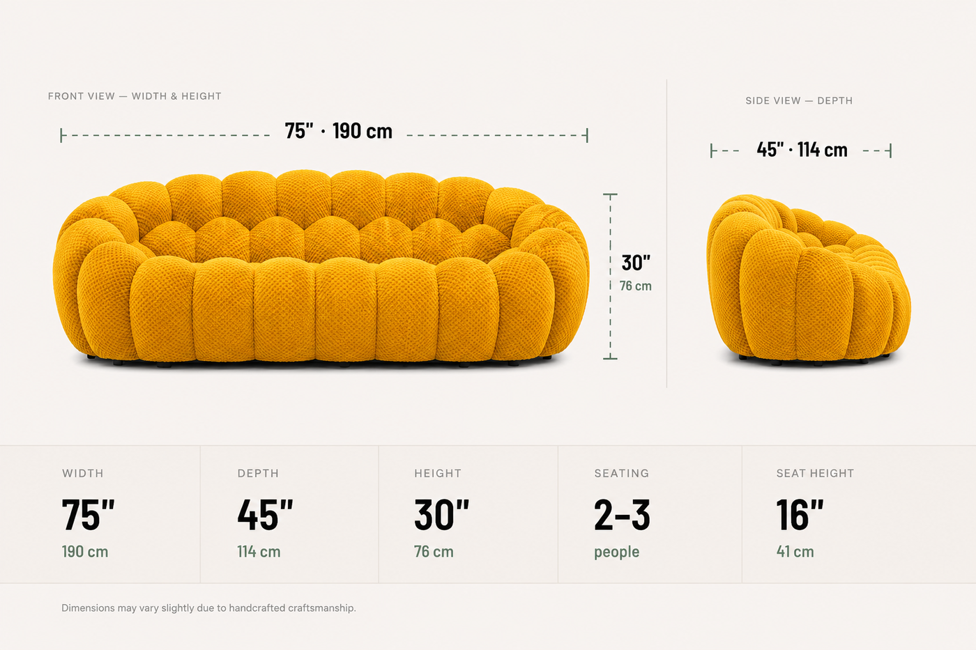 Cloud Couch™ Bubble Sofa - 2 Seater - Yellow — dimensions